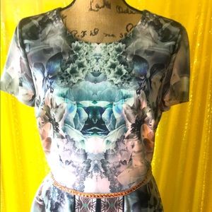 Multi Printed Dress/with rose gold tie belt